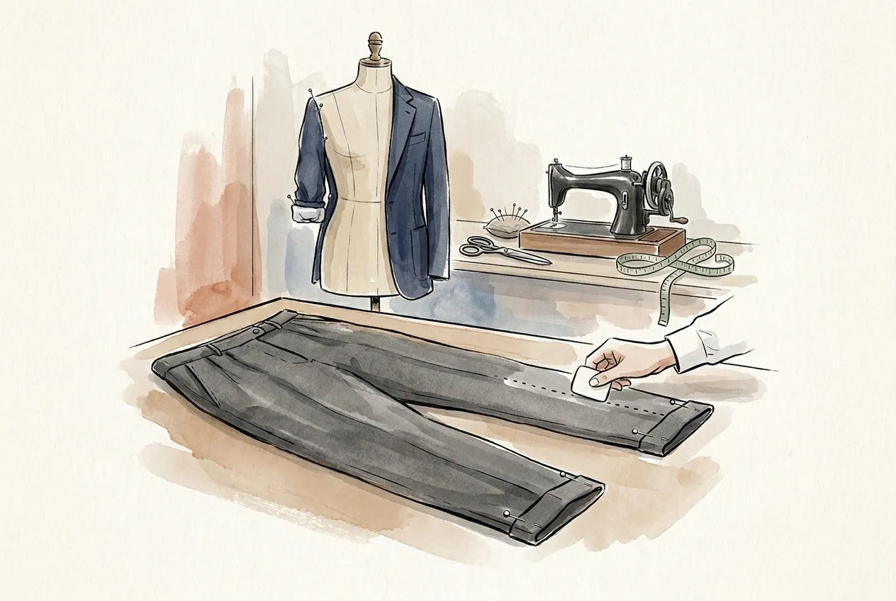 Illustration à l'encre et à la gouache : sur l'établi d'un retoucheur, une main trace à la craie le nouvel ourlet d'un pantalon gris à pinces, devant un mannequin portant un blazer marine à la manche raccourcie et une machine à coudre noire.
