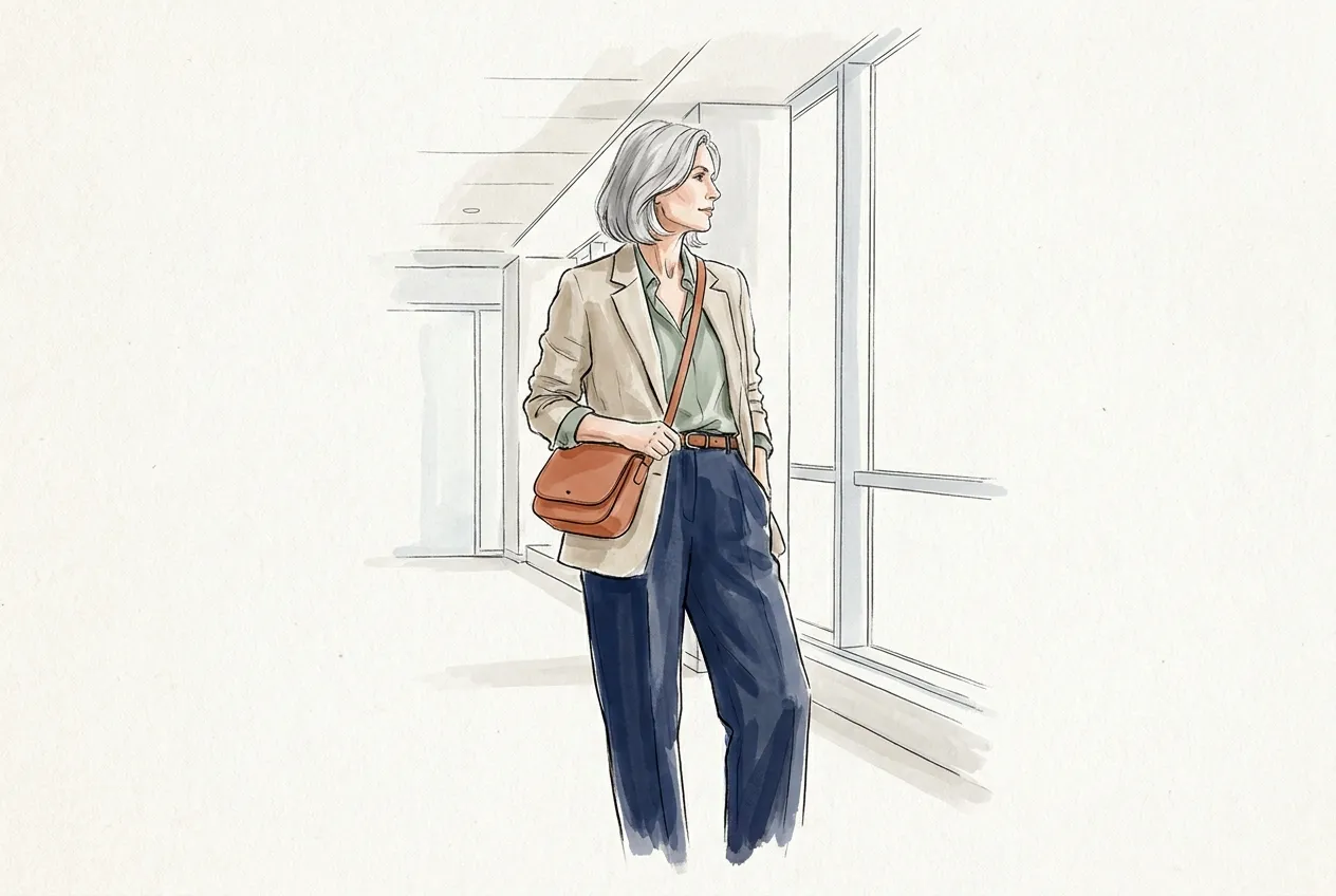 Illustration à l'encre et à la gouache : une femme aux cheveux gris dans un couloir de bureau vitré, en blazer beige ouvert sur un chemisier vert sauge, pantalon droit bleu marine à ceinture fine et sac en bandoulière caramel.