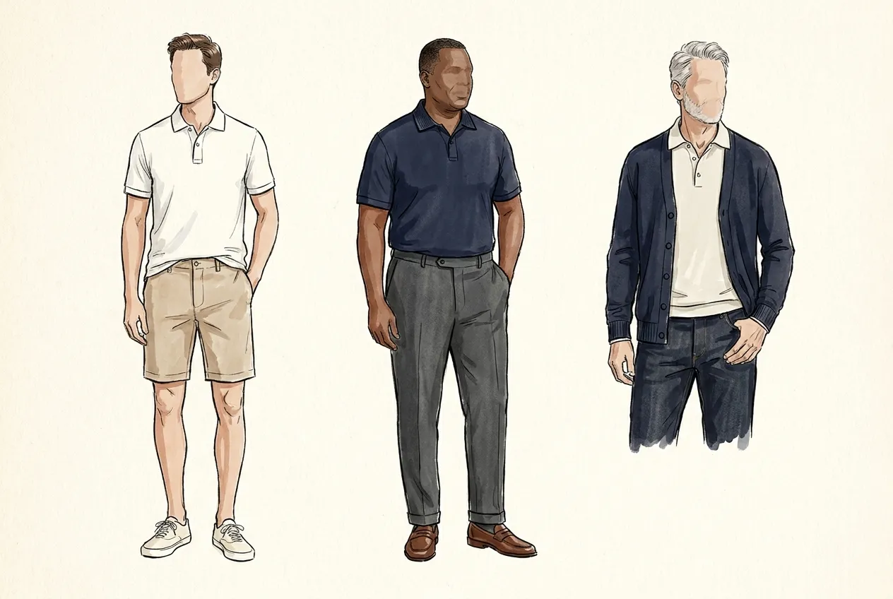 Illustration à l'encre et à la gouache : trois hommes en polo uni sans logo : polo piqué blanc avec short chino beige et tennis en toile, polo marine rentré dans un pantalon de laine gris avec mocassins, polo écru sous un gilet marine avec un jean brut.