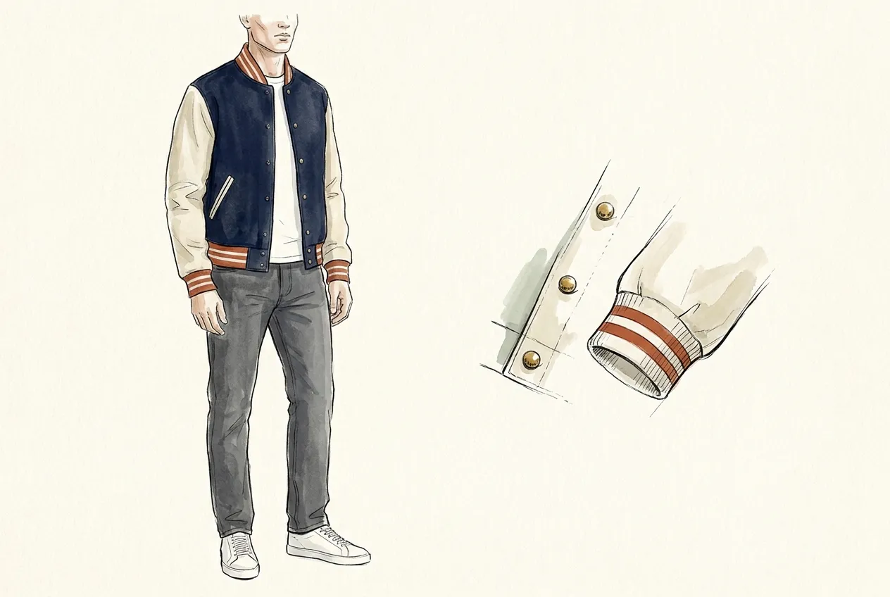 Illustration à l'encre et à la gouache : un homme porte un blouson teddy au corps en laine marine, manches écrues et bord-côte rayé terracotta, sans lettre ni écusson, sur un t-shirt blanc et un jean gris ; à côté, un détail des pressions dorées et du poignet rayé.