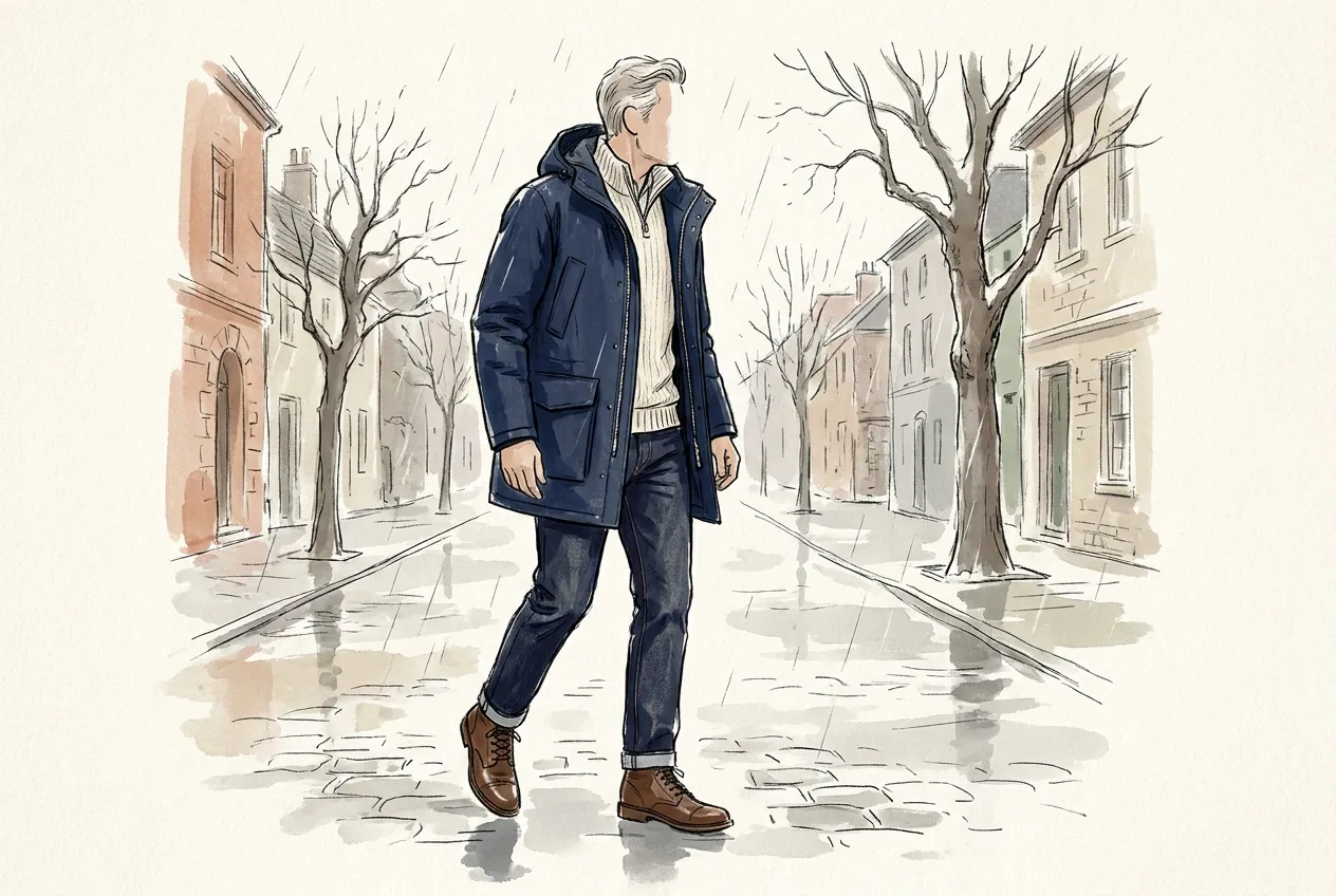 Illustration à l'encre et à la gouache : un homme aux cheveux grisonnants marche sous la pluie dans une rue pavée, vêtu d'une parka marine mi-cuisse à capuche et poches plaquées, d'un pull écru, d'un jean brut et de boots marron.