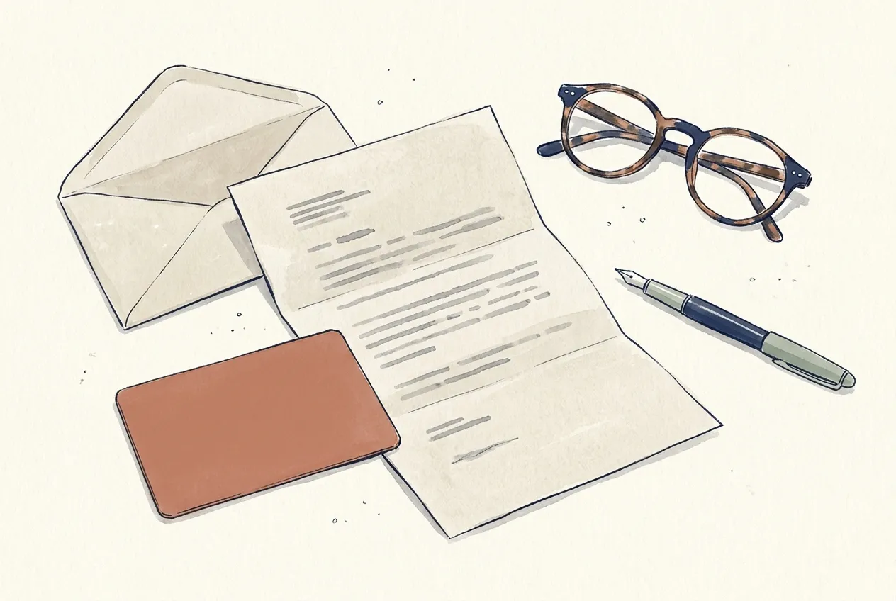 Illustration à l'encre et à la gouache : une carte vierge couleur terre cuite posée sur un bureau à côté d'une lettre dépliée aux lignes illisibles, d'une enveloppe ouverte, de lunettes en écaille et d'un stylo-plume.