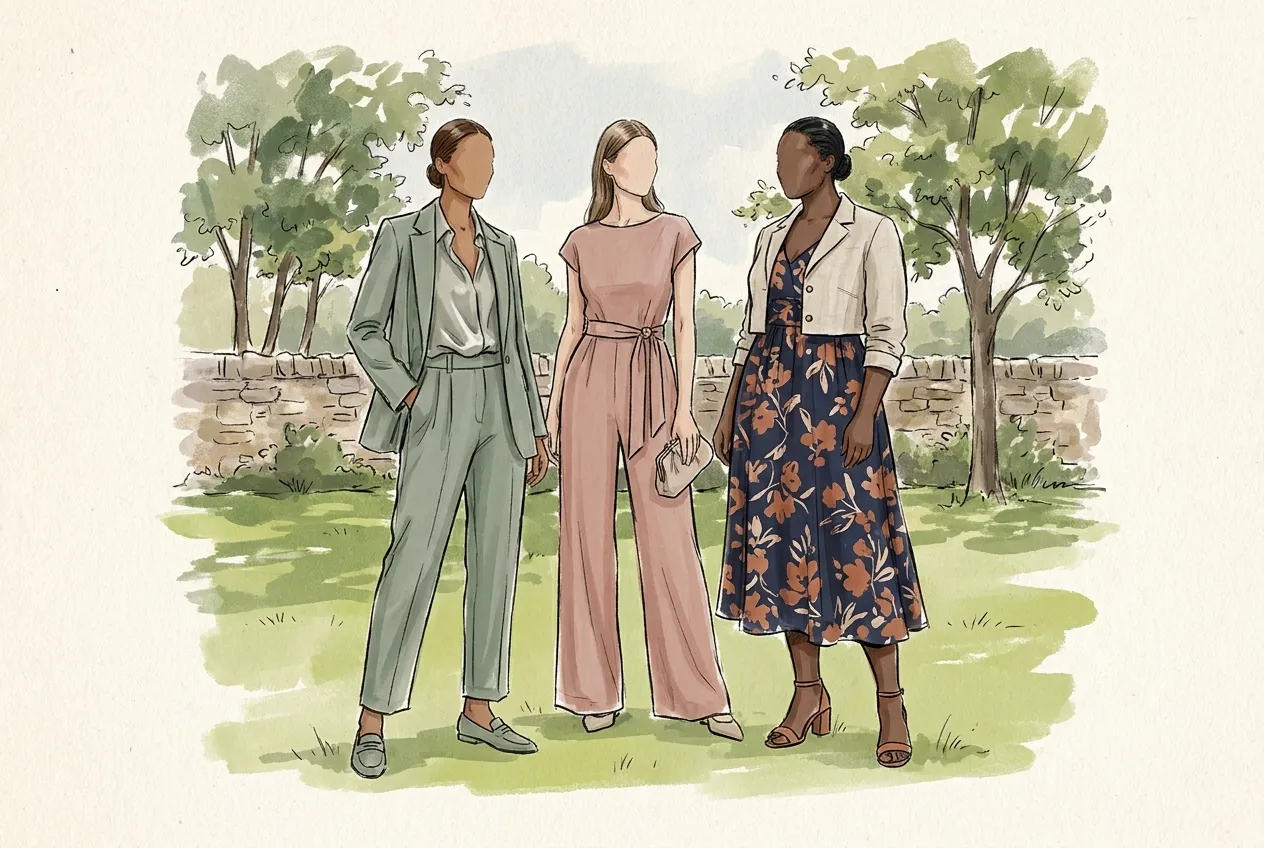 Illustration à l'encre et à la gouache : trois invitées de mariage sur une pelouse devant un muret de pierre, en tailleur-pantalon vert sauge, en combinaison rose poudré ceinturée et en robe midi fleurie sur fond marine avec veste courte.