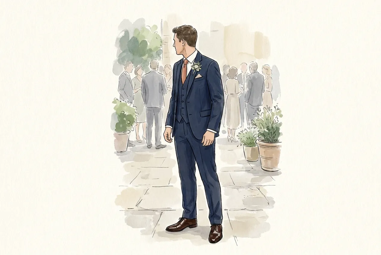 Illustration à l'encre et à la gouache : un marié de trois quarts dos, en costume trois-pièces bleu marine avec gilet, cravate terracotta, boutonnière et pochette beige, chaussures en cuir marron, dans une cour pavée où les invités discutent.