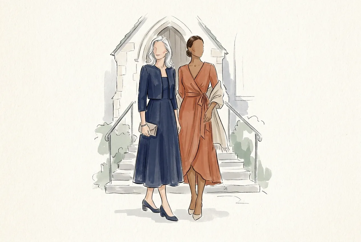 Illustration à l'encre et à la gouache : sur les marches d'une église, une femme aux cheveux argentés en robe midi bleu nuit et veste courte assortie, à côté d'une femme en robe portefeuille terracotta, une étole beige au bras.