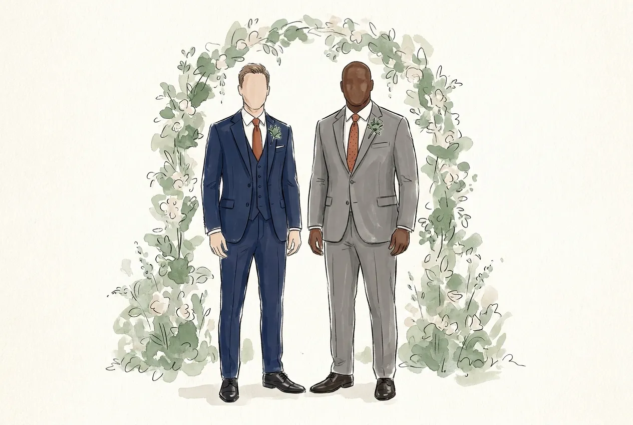 Illustration à l'encre et à la gouache : sous une arche de verdure, le marié en trois-pièces bleu marine se tient à côté de son témoin en costume deux-pièces gris clair ; tous deux portent une cravate terracotta, unie pour l'un, à pois pour l'autre, et la même boutonnière.