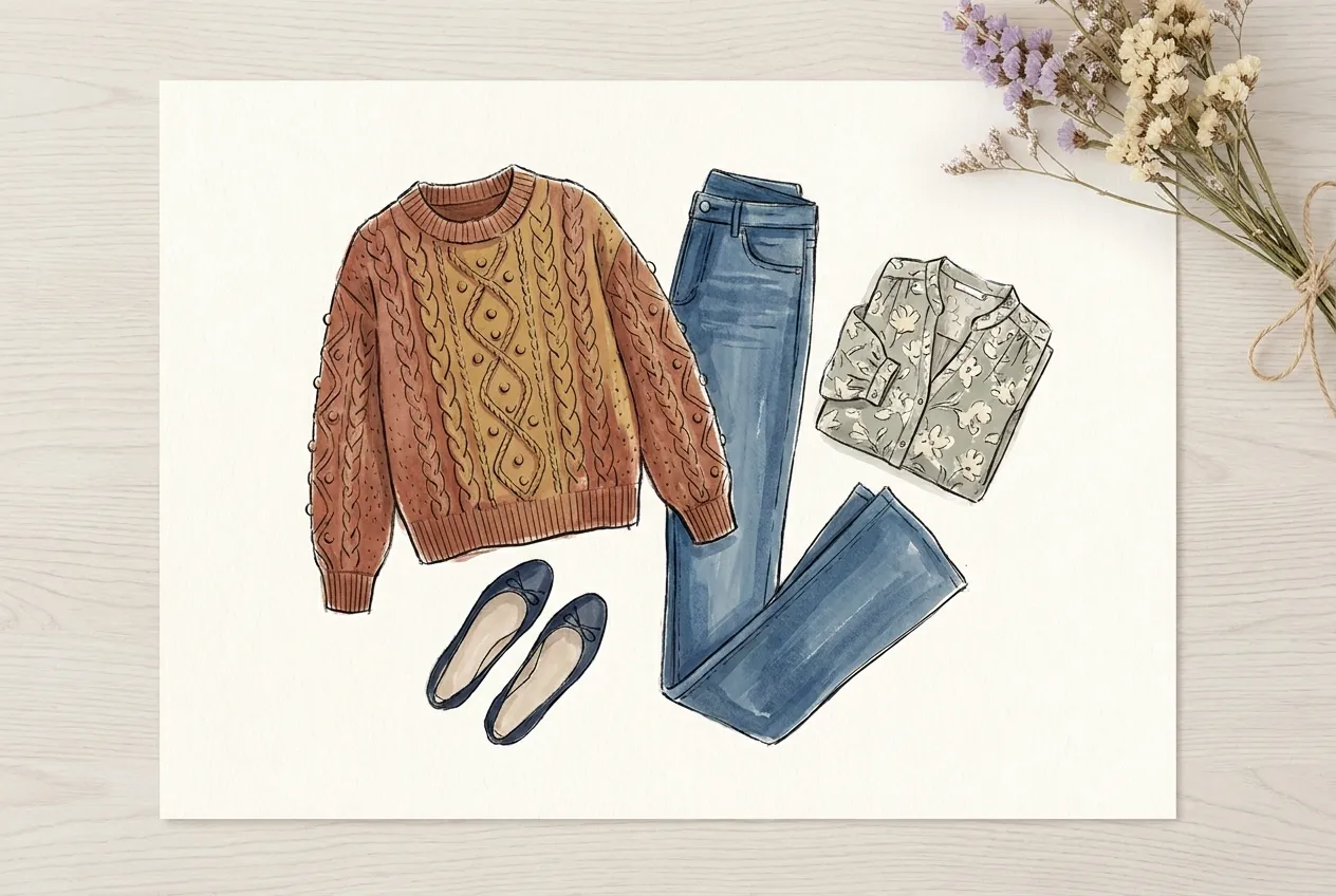 Illustration à l'encre et à la gouache : une tenue posée à plat, avec un pull torsadé à bouclettes rouille et moutarde, un jean évasé, une blouse à petites fleurs claires et des ballerines bleu marine, à côté d'un bouquet de fleurs séchées.