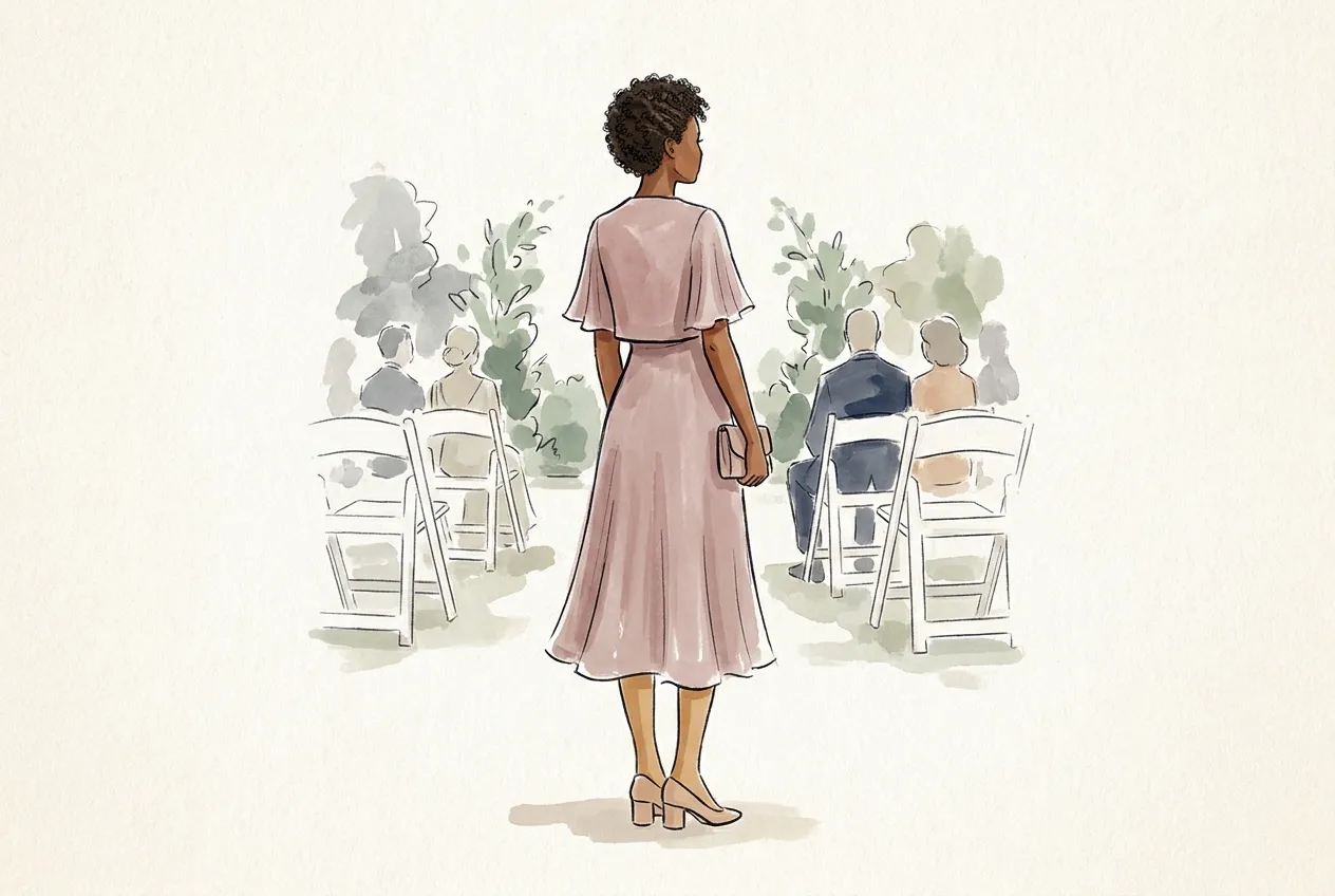 Illustration à l'encre et à la gouache : vue de dos, une invitée à un mariage en plein air porte une robe midi fluide vieux rose à manches volantées, des escarpins à petit talon et une pochette, face aux rangées de chaises blanches.