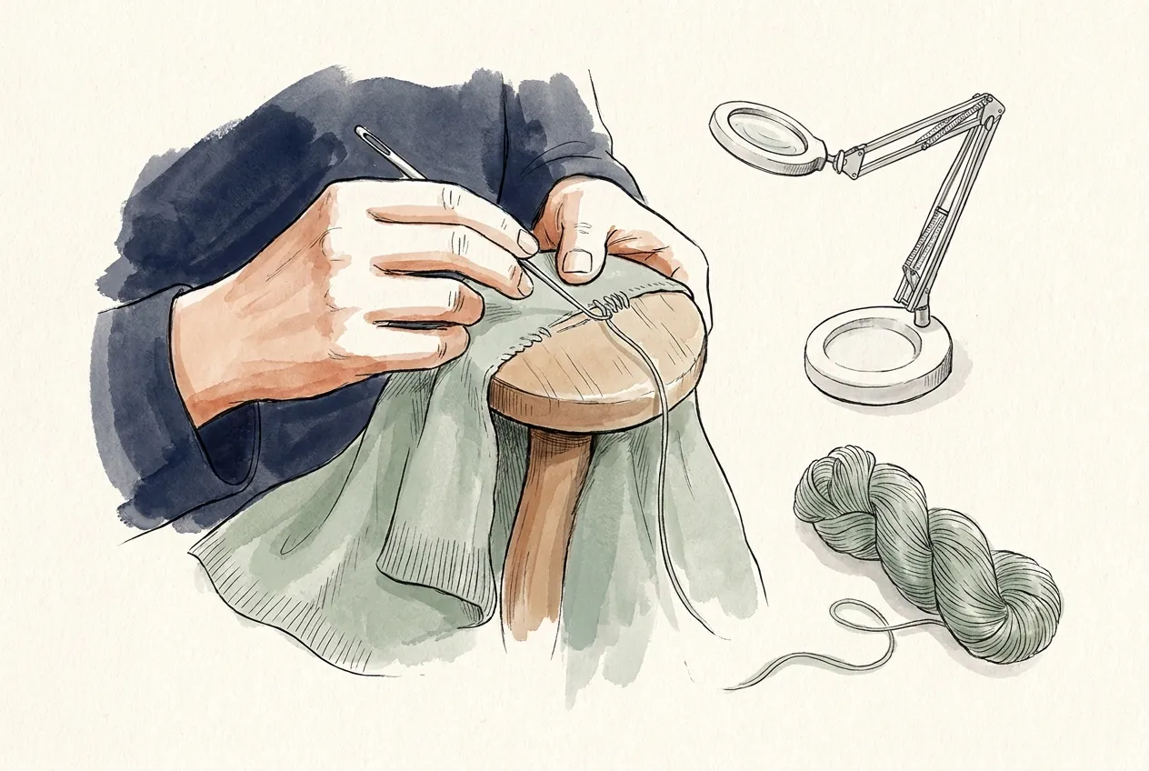 Illustration à l'encre et à la gouache : deux mains reprennent une maille filée sur un pull en cachemire vert sauge tendu sur un champignon de bois, à côté d'une loupe sur pied et d'un écheveau de fil assorti.