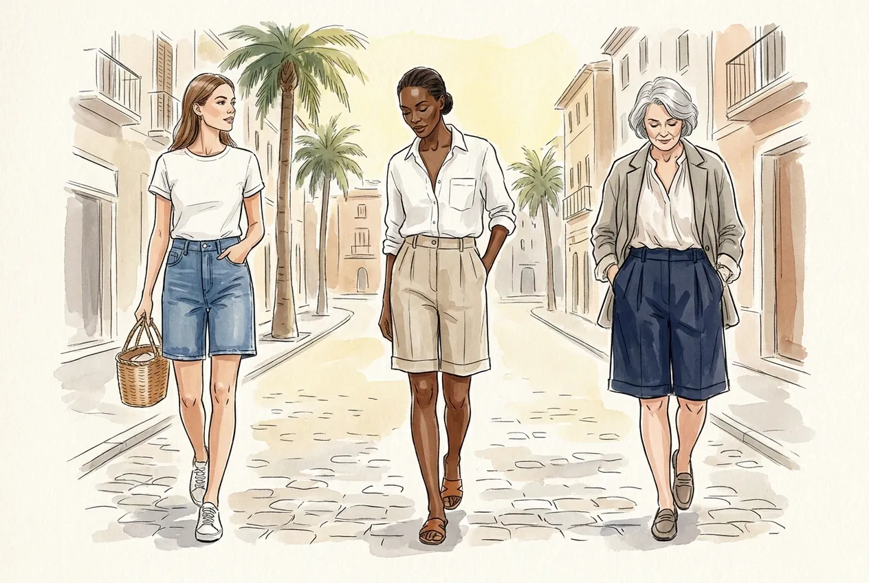 Illustration à l'encre et à la gouache : trois femmes dans une rue ensoleillée, en bermuda denim mi-cuisse avec t-shirt blanc et panier, en bermuda en lin beige à revers avec chemise blanche et sandales, et en bermuda marine à pinces au genou avec veste souple et mocassins.