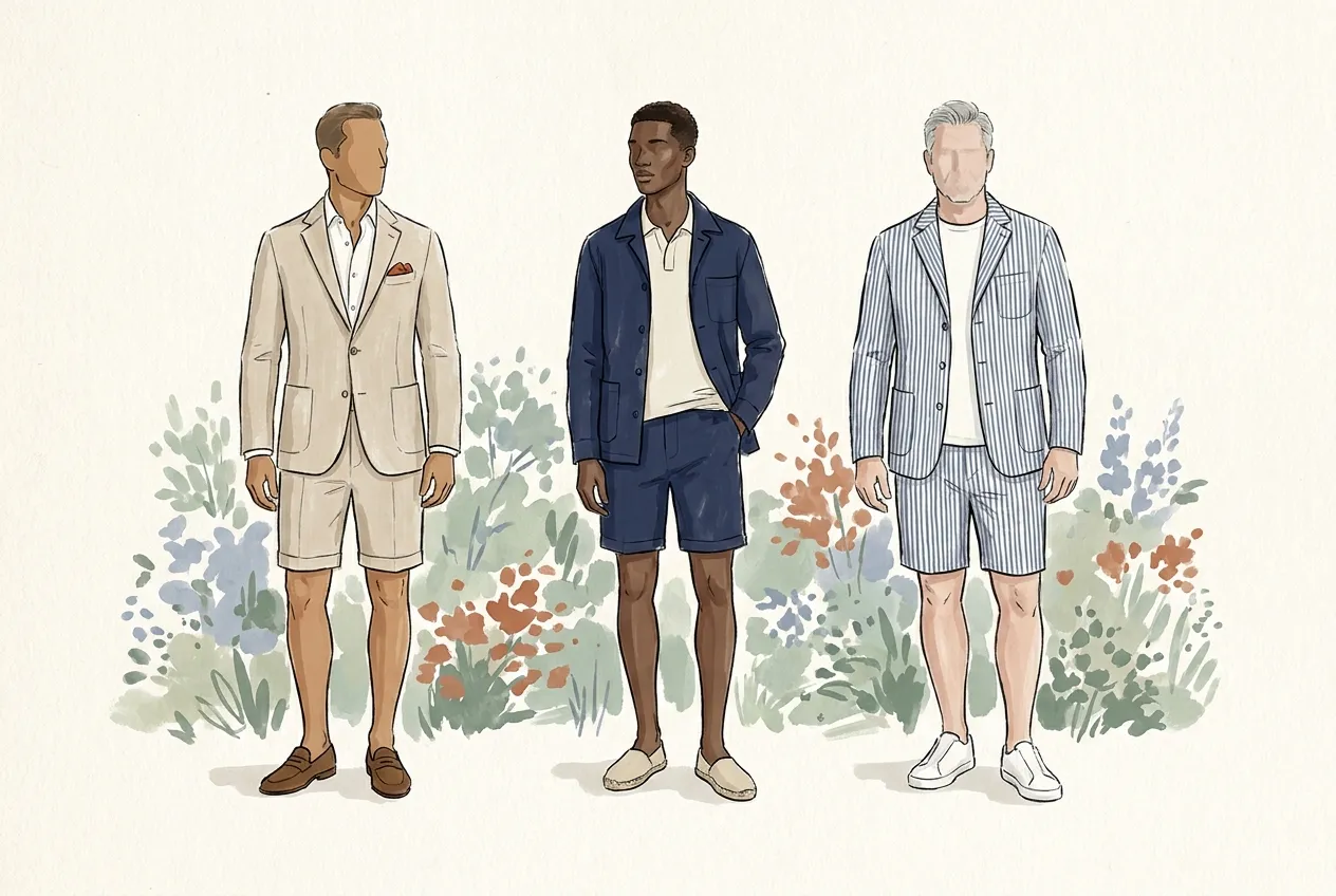 Illustration à l'encre et à la gouache : trois hommes dans un jardin en costume short, veste et short coupés dans le même tissu : lin beige avec mocassins en daim, coton bleu marine sur un polo écru avec espadrilles, seersucker rayé bleu et blanc avec baskets blanches.