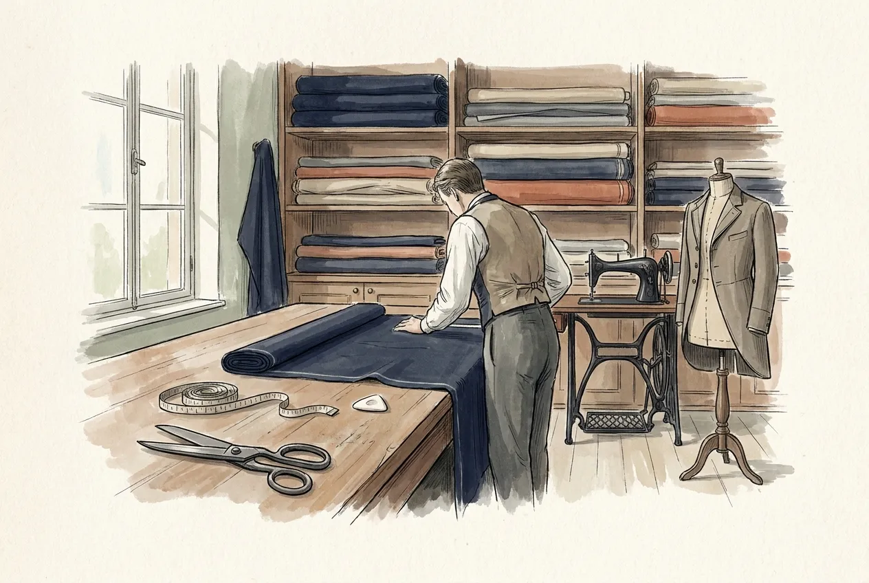 Illustration à l'encre et à la gouache : un tailleur en gilet, vu de dos, déroule un drap de laine marine sur une longue table de coupe, dans un atelier ancien aux rayonnages chargés de rouleaux d'étoffe, avec machine à pédale et mannequin en redingote.