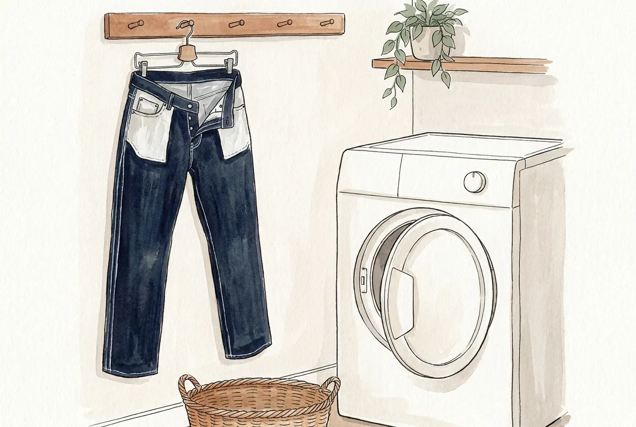 Illustration à l'encre et à la gouache : un jean brut foncé, fonds de poche sortis, finit de sécher suspendu à un cintre à pinces près d'un sèche-linge à hublot ouvert et d'un panier en osier.