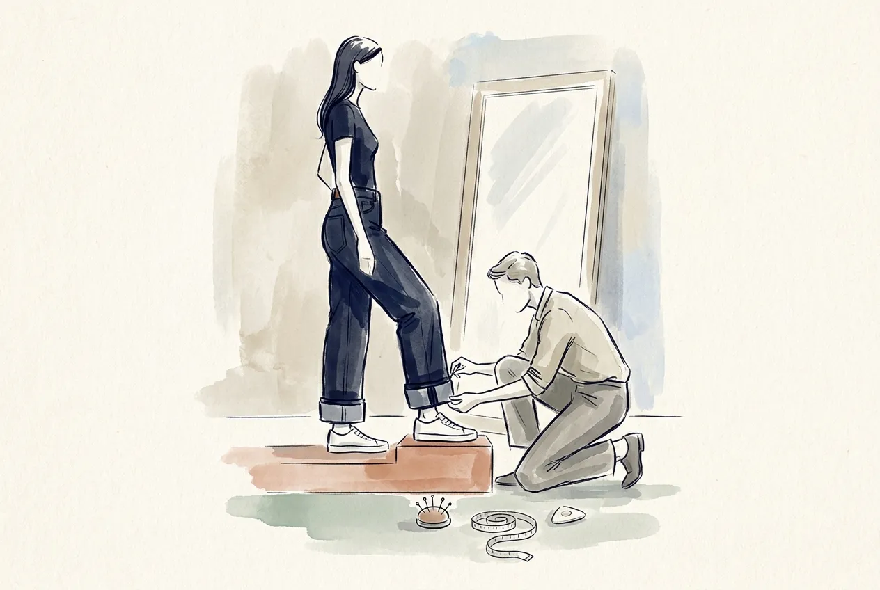 Illustration à l'encre et à la gouache : une femme en jean droit foncé et baskets blanches se tient sur une estrade devant un miroir pendant qu'un retoucheur agenouillé ajuste la longueur du bas, mètre ruban et craie posés au sol.