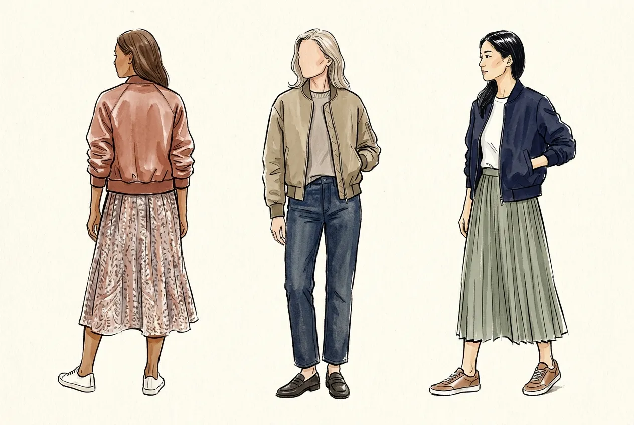 Illustration à l'encre et à la gouache : trois façons de porter le bomber, un bomber satiné vieux rose sur une jupe midi imprimée avec baskets blanches, un bomber kaki avec jean brut droit et mocassins, un bomber marine court avec jupe plissée vert sauge.