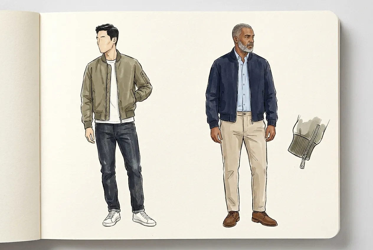Illustration à l'encre et à la gouache : sur un carnet de croquis, un homme en bomber kaki, t-shirt blanc, jean brut et baskets blanches, et un homme plus âgé en bomber marine, chemise bleu ciel, chino beige et derbies marron ; à droite, un détail du poignet en bord-côte et du zip.
