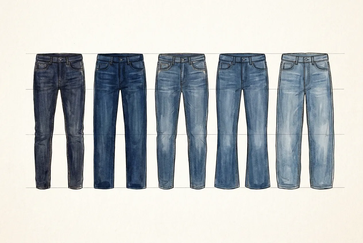 Illustration à l'encre et à la gouache : cinq jeans pour homme dessinés à plat et alignés entre des lignes repères, du slim foncé au modèle ample délavé, en passant par des coupes droite et légèrement évasée, pour comparer la largeur à la cuisse et au bas de jambe.