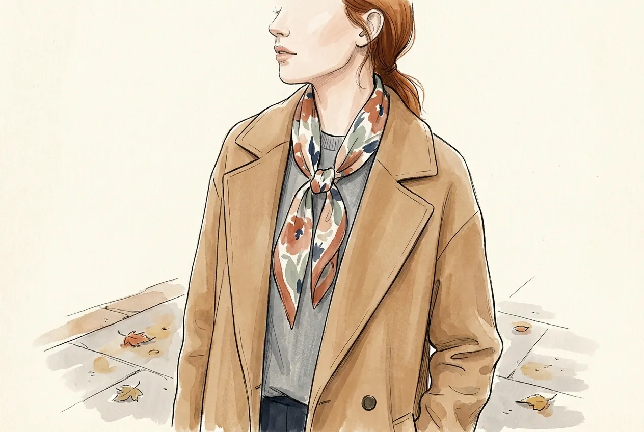 Illustration à l'encre et à la gouache : une femme rousse en manteau camel et pull gris uni, avec pour seule pièce imprimée un foulard à grosses fleurs rouille, sauge et marine noué au cou, sur un trottoir couvert de feuilles d'automne.