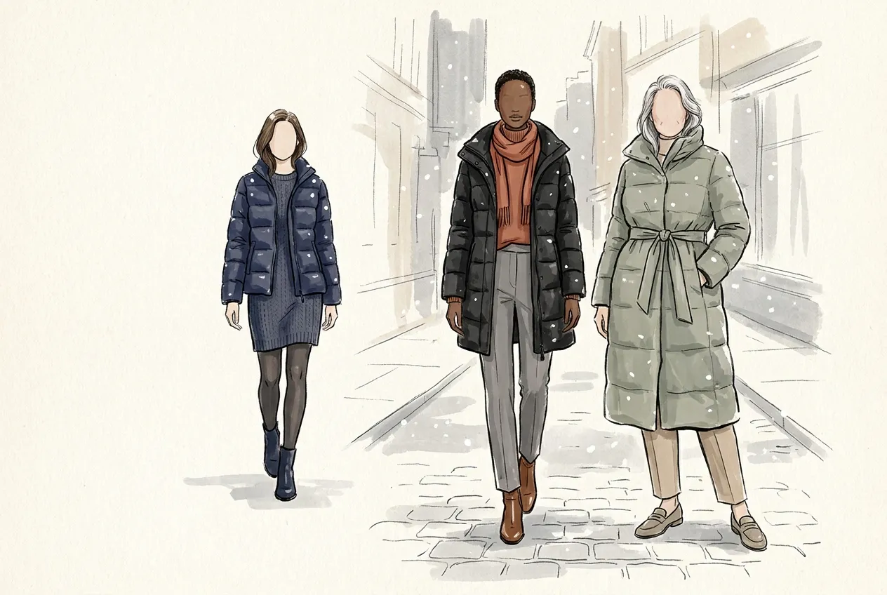 Illustration à l'encre et à la gouache : trois femmes dans une rue enneigée, en doudoune courte marine sur robe en maille et collants, en doudoune noire mi-longue avec écharpe terracotta, et en longue doudoune vert sauge ceinturée sur un pantalon beige.