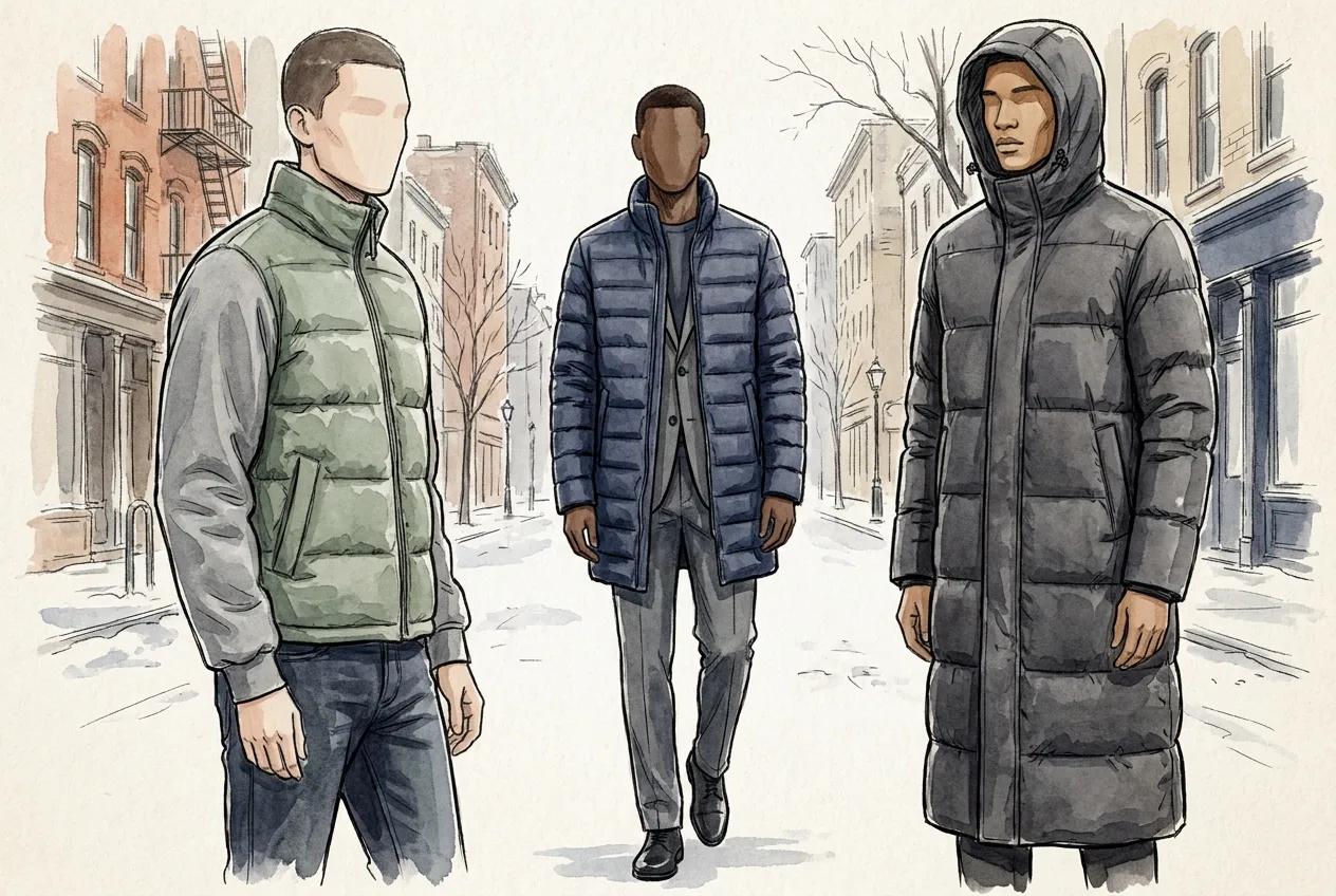 Illustration à l'encre et à la gouache : trois hommes dans une rue enneigée : une doudoune sans manches vert sauge sur un sweat gris et un jean, une doudoune mi-longue bleu marine portée sur un costume gris, et une longue doudoune grise à capuche qui descend jusqu'aux mollets.