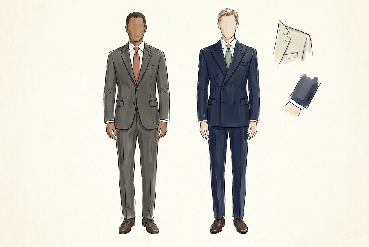Illustration à l'encre et à la gouache : deux hommes en costume, l'un en veste droite gris anthracite à deux boutons, l'autre en veste croisée bleu marine fermée ; à droite, deux croquis de détail montrent la couture d'épaule et la manche qui laisse voir le poignet de chemise.