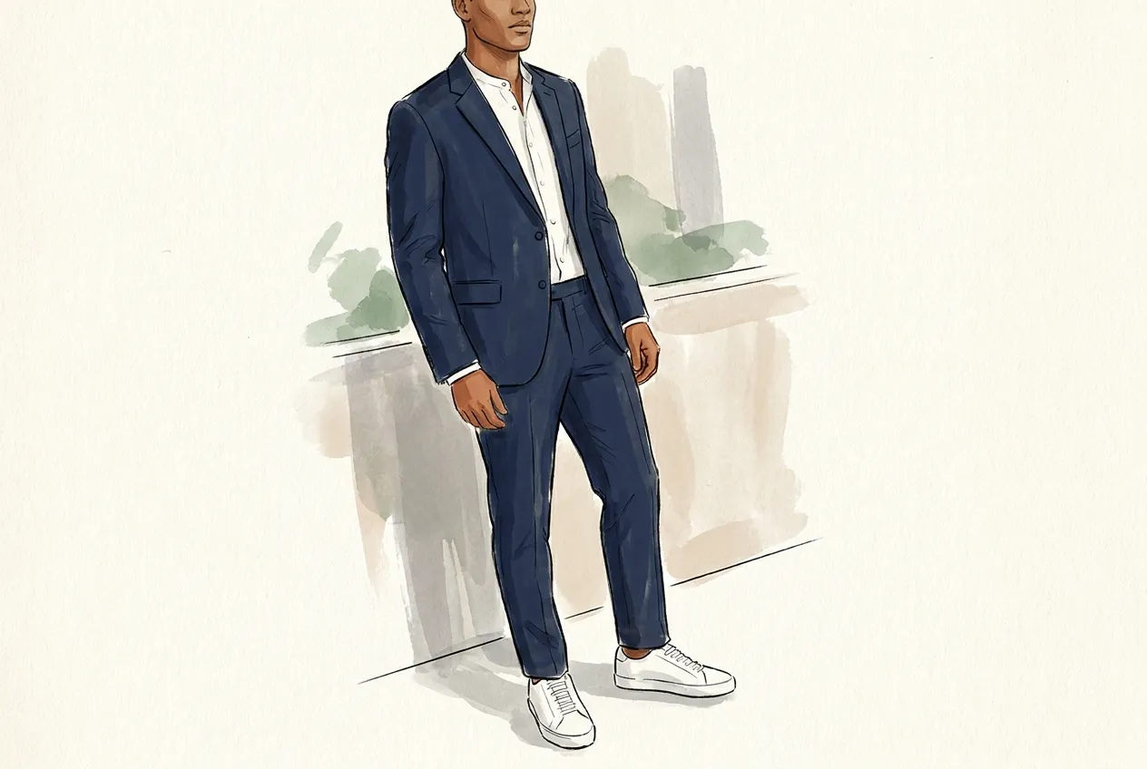 Illustration à l'encre et à la gouache : un homme en costume bleu marine et chemise blanche à col officier porte des baskets basses en cuir blanc sans logo ; le bas du pantalon effleure tout juste la chaussure.