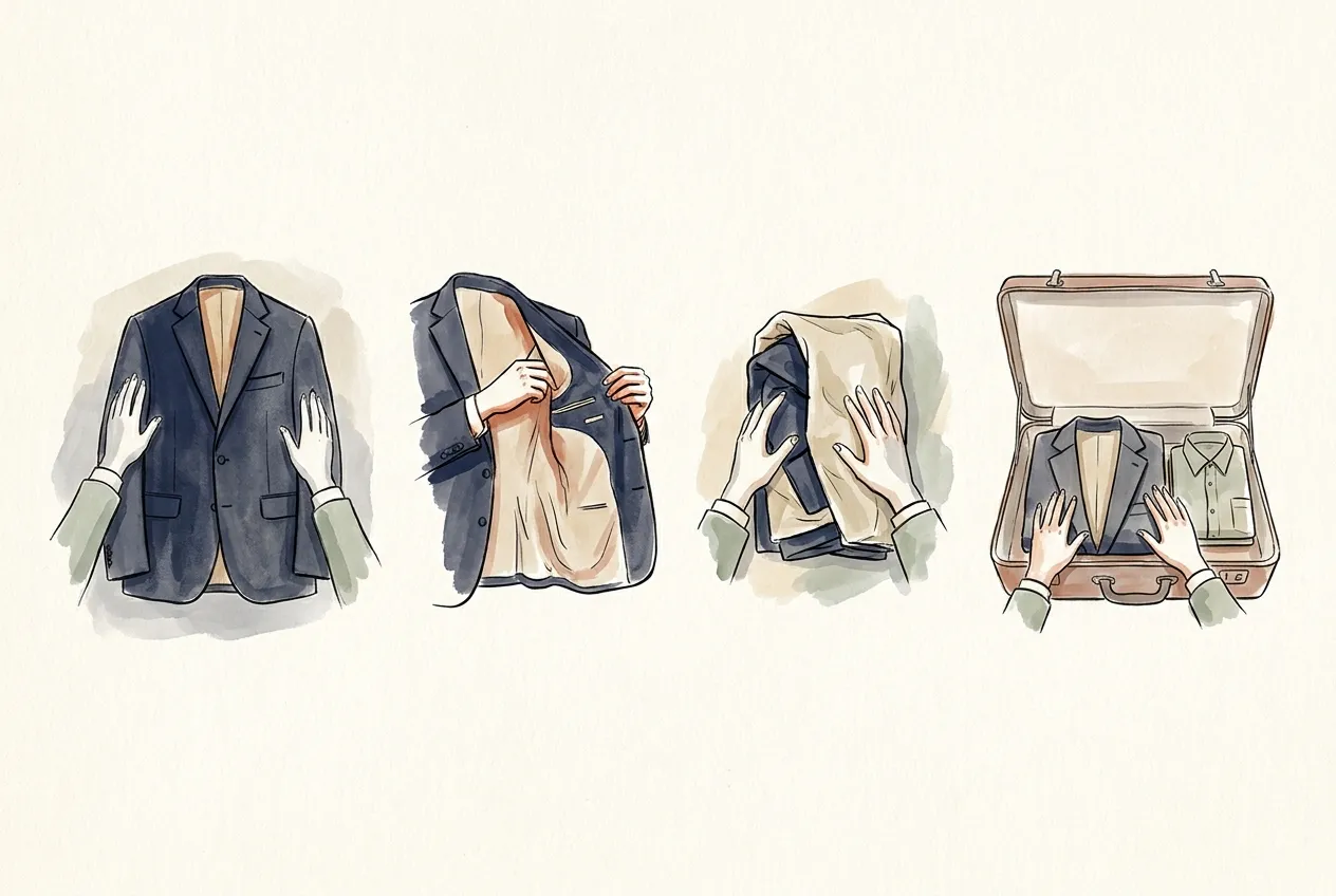 Illustration à l'encre et à la gouache en quatre vignettes : une veste de costume marine posée à plat, une épaule retournée sur l'envers, la veste repliée doublure beige dehors, puis rangée à plat dans une valise ouverte.