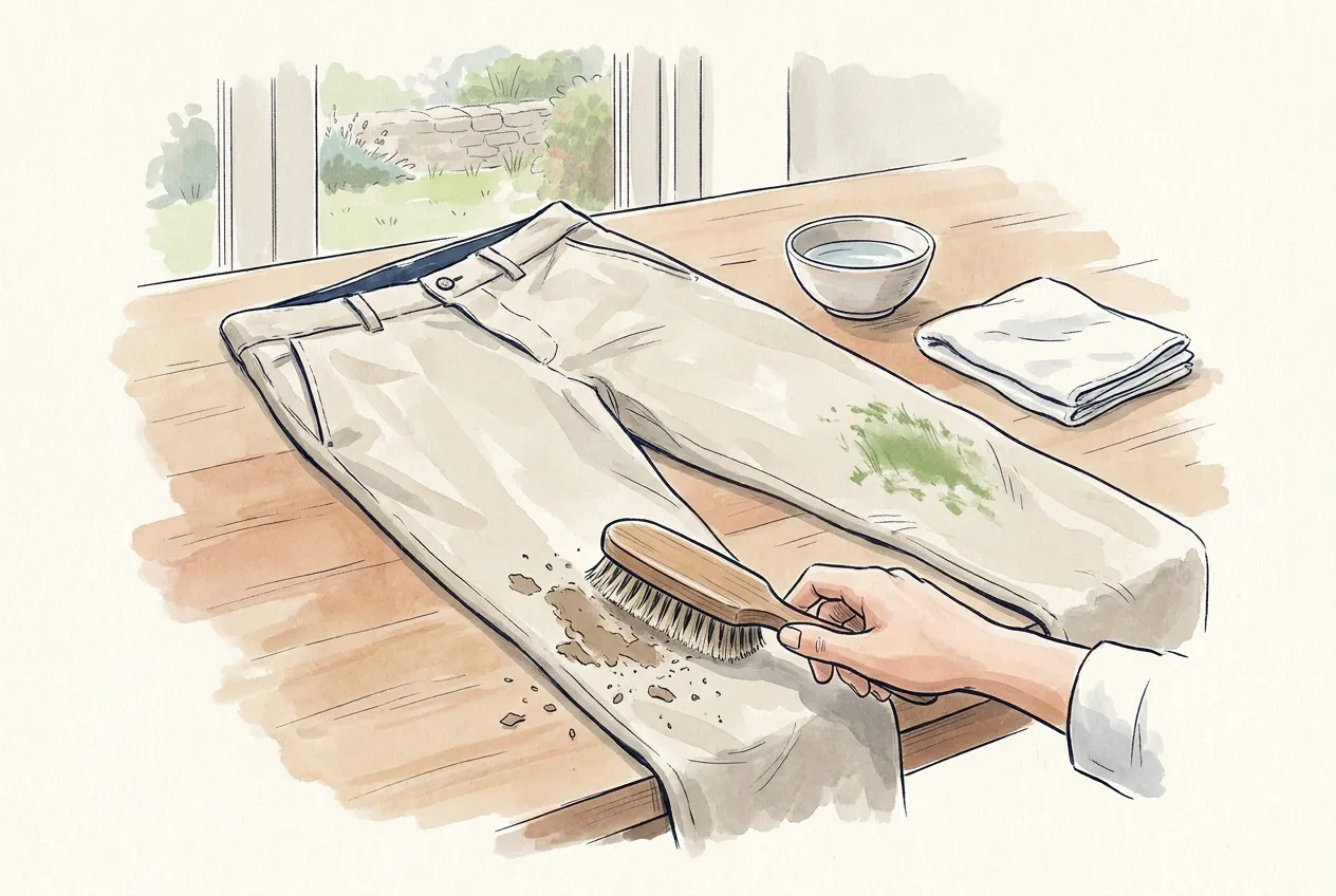 Illustration à l'encre et à la gouache : sur une table près d'une fenêtre ouverte sur le jardin, une main brosse à sec la boue séchée d'un chino beige taché d'herbe au genou, à côté d'un bol d'eau et d'un linge blanc plié.