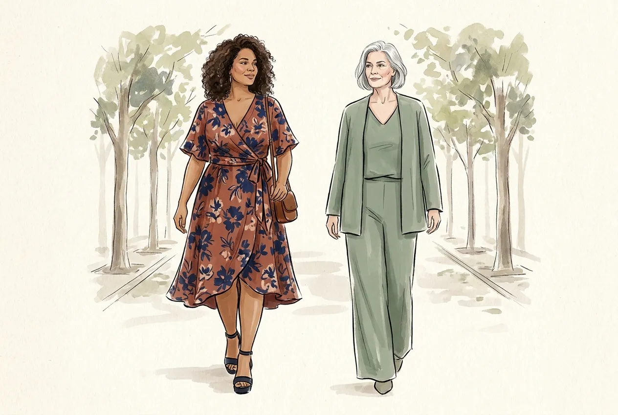 Illustration à l'encre et à la gouache : une femme ronde aux cheveux bouclés, souriante, marche dans une allée arborée en robe portefeuille à grandes fleurs marine sur fond terracotta, à côté d'une femme aux cheveux gris en ensemble vert sauge, pantalon large et veste ouverte.
