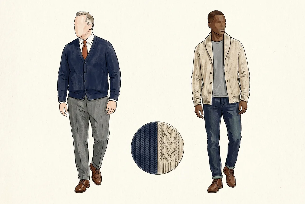 Illustration à l'encre et à la gouache : un homme en gilet marine col V boutonné sur chemise blanche et cravate terracotta, pantalon gris, et un homme en gilet épais col châle écru sur t-shirt gris, jean et boots ; au centre, un médaillon compare la maille fine et la maille torsadée.