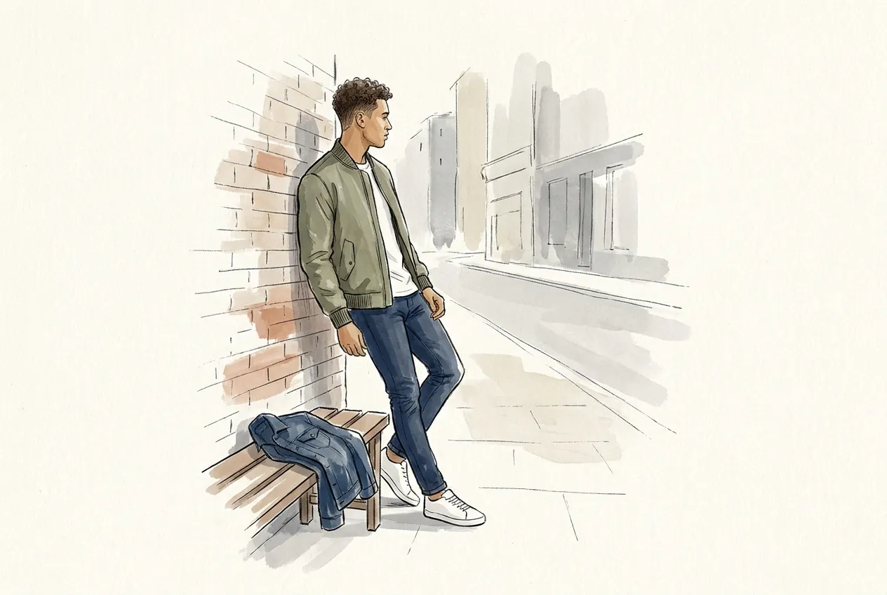Illustration à l'encre et à la gouache : un jeune homme aux cheveux bouclés adossé à un mur de briques, en blouson bomber kaki, t-shirt blanc, jean ajusté et baskets blanches, une veste en jean posée sur un banc à côté de lui.