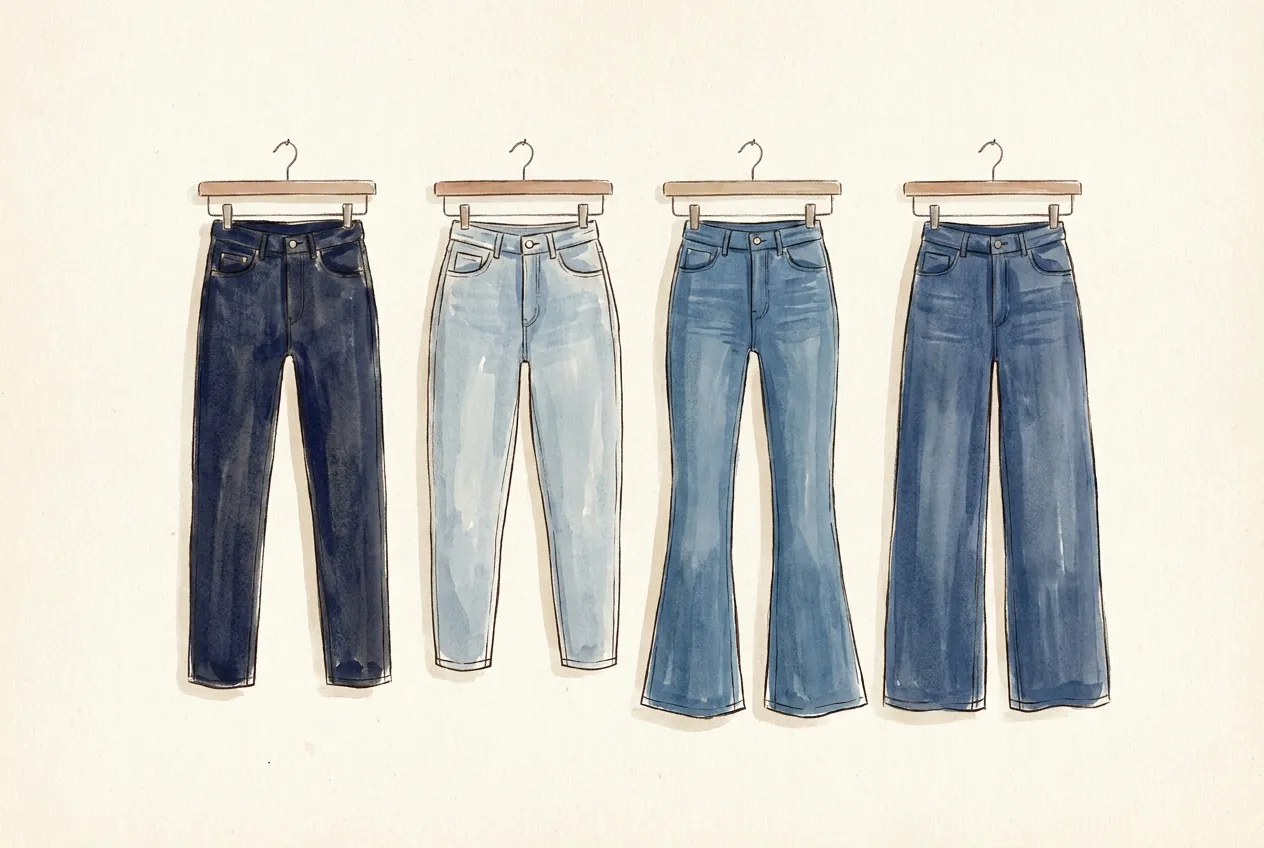 Illustration à l'encre et à la gouache : quatre jeans femme suspendus côte à côte, un droit brut foncé, un mom délavé clair resserré à la cheville, un flare bleu moyen évasé sous le genou et un jean large indigo.