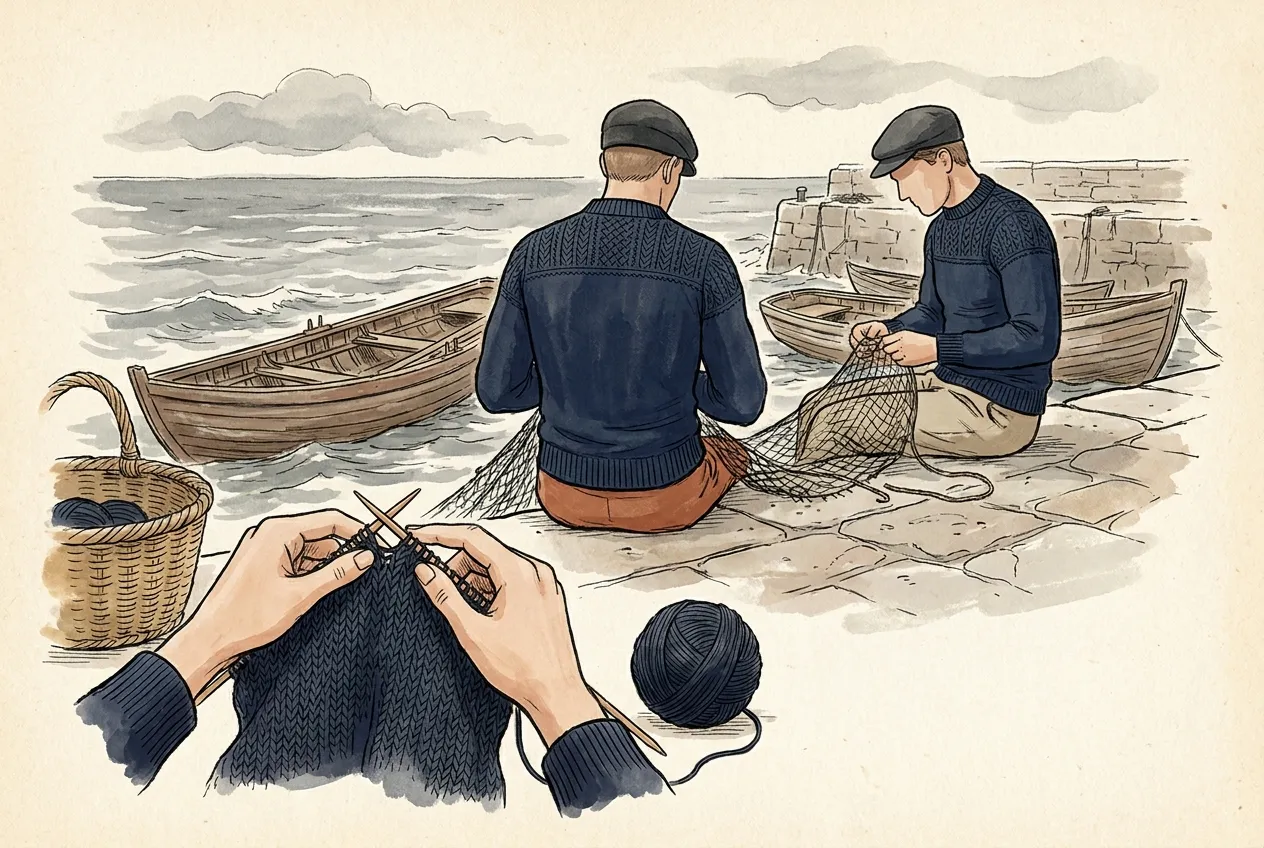 Illustration à l'encre et à la gouache : sur un quai de pierre, deux pêcheurs de dos en pull marin bleu marine à motifs en relief sur l'empiècement raccommodent des filets près de barques ; au premier plan, des mains tricotent le même pull à côté d'une pelote et d'un panier.