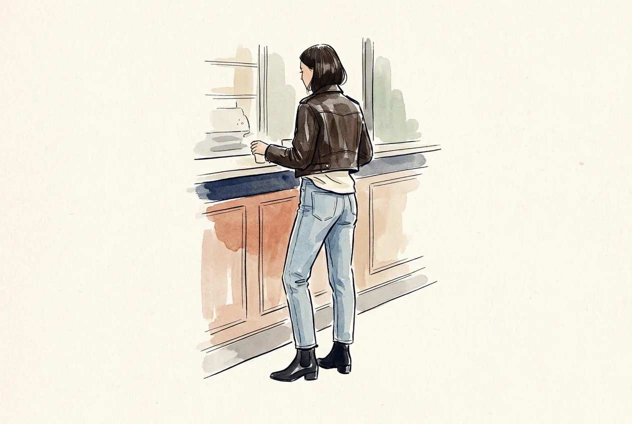Illustration à l'encre et à la gouache : de dos, une femme au carré brun accoudée au comptoir d'un café, en blouson court en cuir marron, jean mom bleu clair taille haute et bottines noires à talon.
