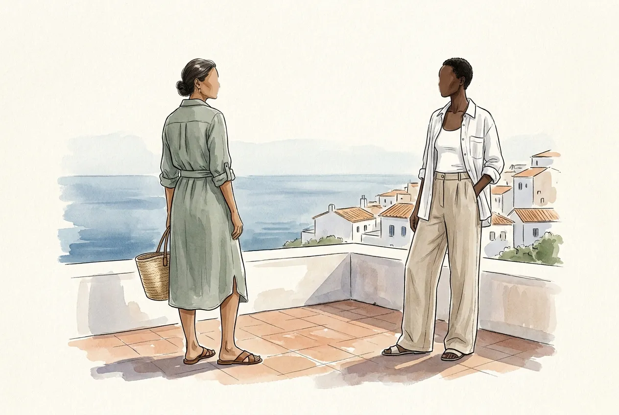 Illustration à l'encre et à la gouache : sur une terrasse au-dessus de la mer, une femme de dos en robe chemise en lin vert sauge ceinturée, panier à la main, face à une femme en pantalon large en lin beige, débardeur blanc et chemise en lin ouverte.