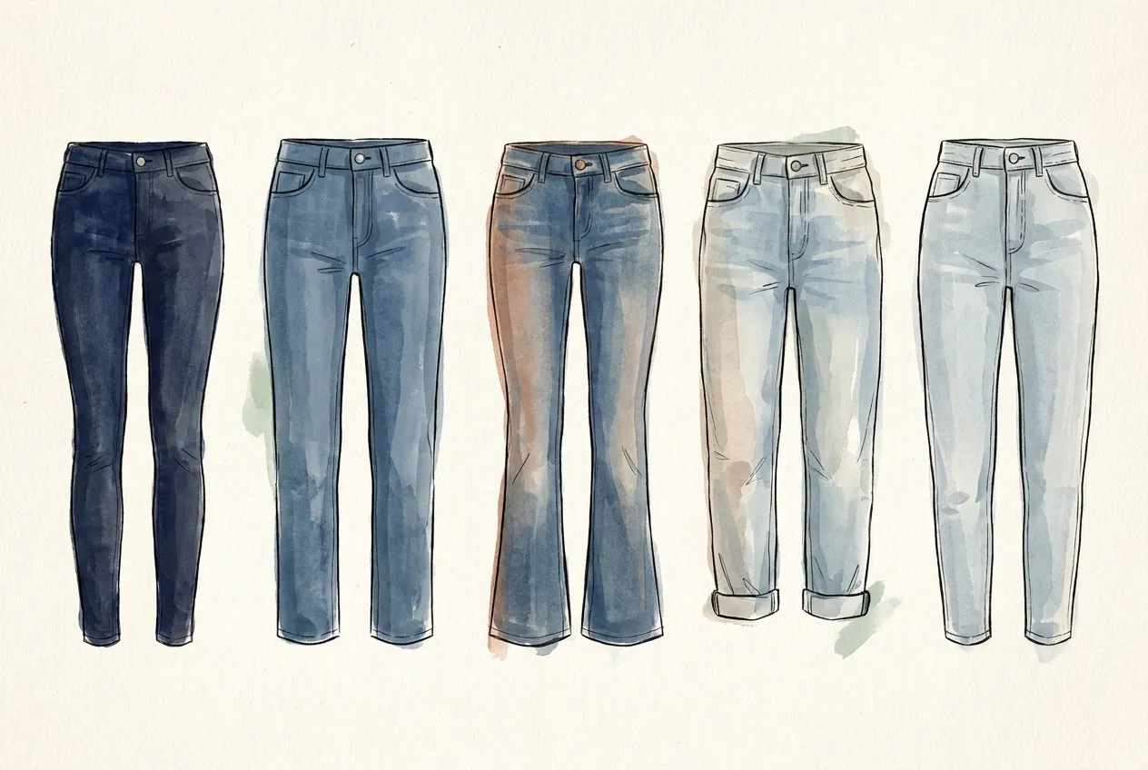 Illustration à l'encre et à la gouache : cinq jeans dessinés côte à côte pour comparer les coupes, du slim brut foncé au droit, au bootcut évasé, au boyfriend à revers et au mom délavé clair.