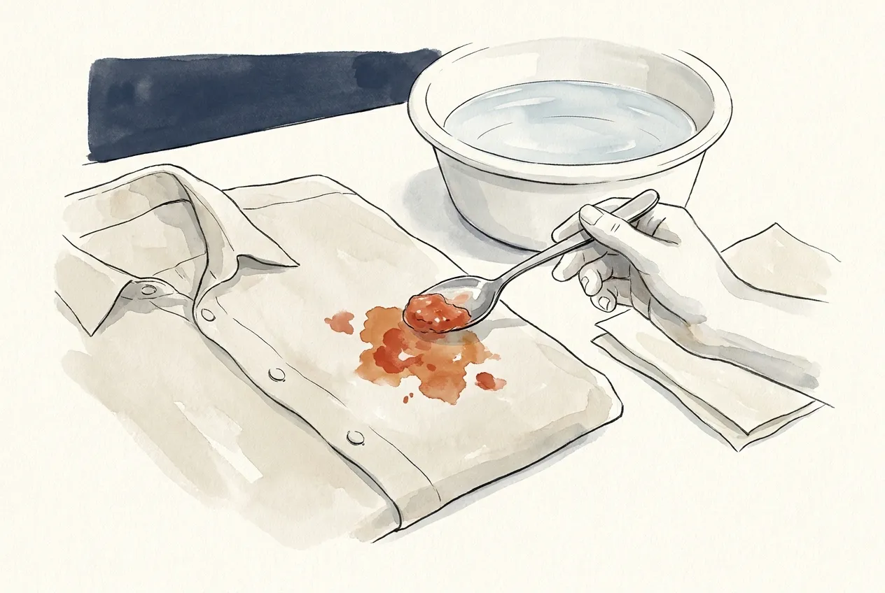 Illustration à l'encre et à la gouache : une main retire à la cuillère l'excédent de sauce tomate sur une chemise beige posée à plat, à côté d'une bassine d'eau froide et de feuilles de papier absorbant.