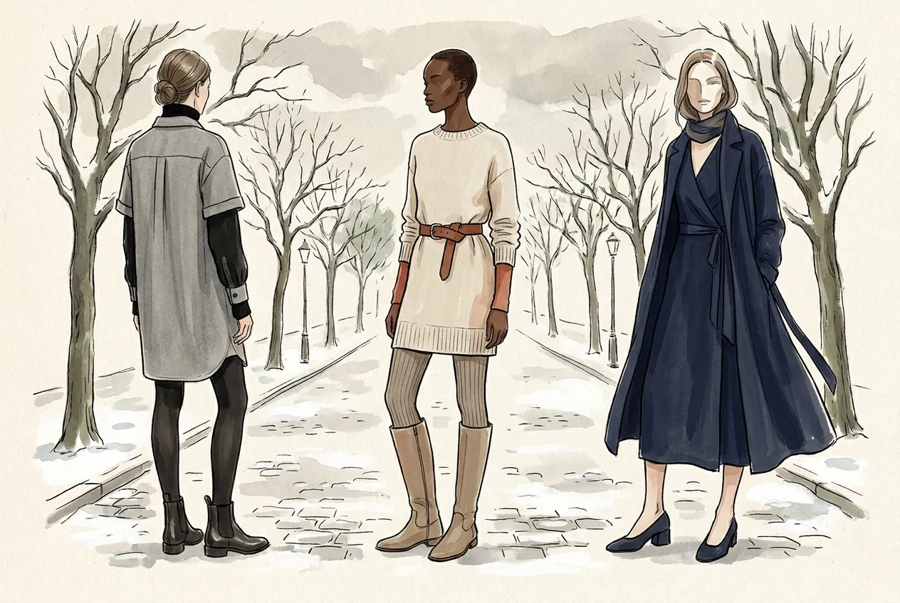 Illustration à l'encre et à la gouache : dans une allée enneigée, une femme en robe chemise grise sur col roulé noir avec collants opaques et bottines, une autre en robe pull écrue ceinturée avec collants côtelés et bottes, une troisième en robe portefeuille marine sous un long manteau.