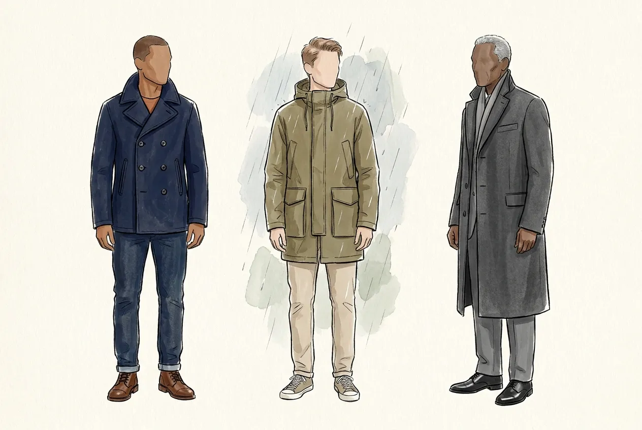 Illustration à l'encre et à la gouache : trois manteaux d'homme côte à côte : un caban croisé en laine bleu marine sur un jean, une parka kaki à capuche et poches plaquées sous la pluie, et un long pardessus gris anthracite qui couvre entièrement un costume.