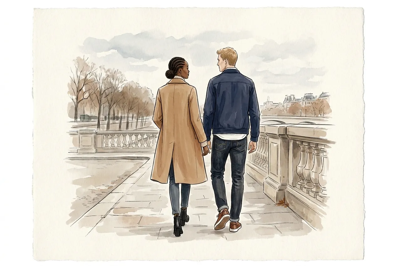 Illustration à l'encre et à la gouache : un couple vu de dos sur un quai de pierre en automne : elle en long manteau droit camel, jean et bottines noires, lui en veste marine, chemise blanche, jean brut et baskets en cuir marron.