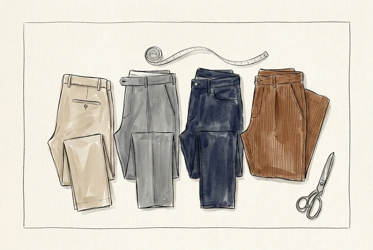 Illustration à l'encre et à la gouache : quatre pantalons d'homme pliés sur une table de coupe, un chino beige, un pantalon de ville gris, un jean brut et un velours côtelé marron, avec un mètre ruban et des ciseaux de tailleur.