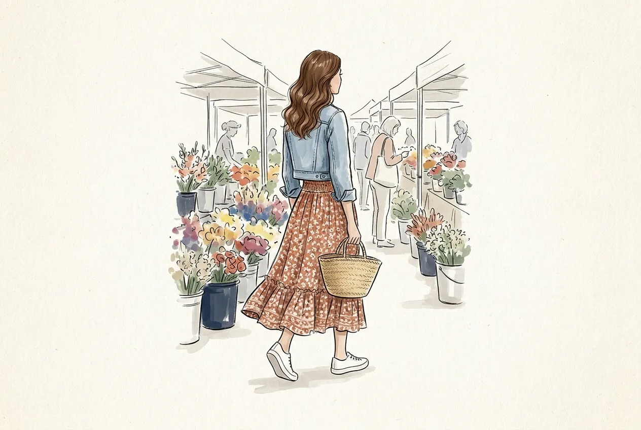 Illustration à l'encre et à la gouache : de dos, une femme aux longs cheveux ondulés flâne dans un marché aux fleurs, en longue tenue fluide à petites fleurs rouille terminée par un volant, veste en jean courte, baskets blanches et panier en paille.