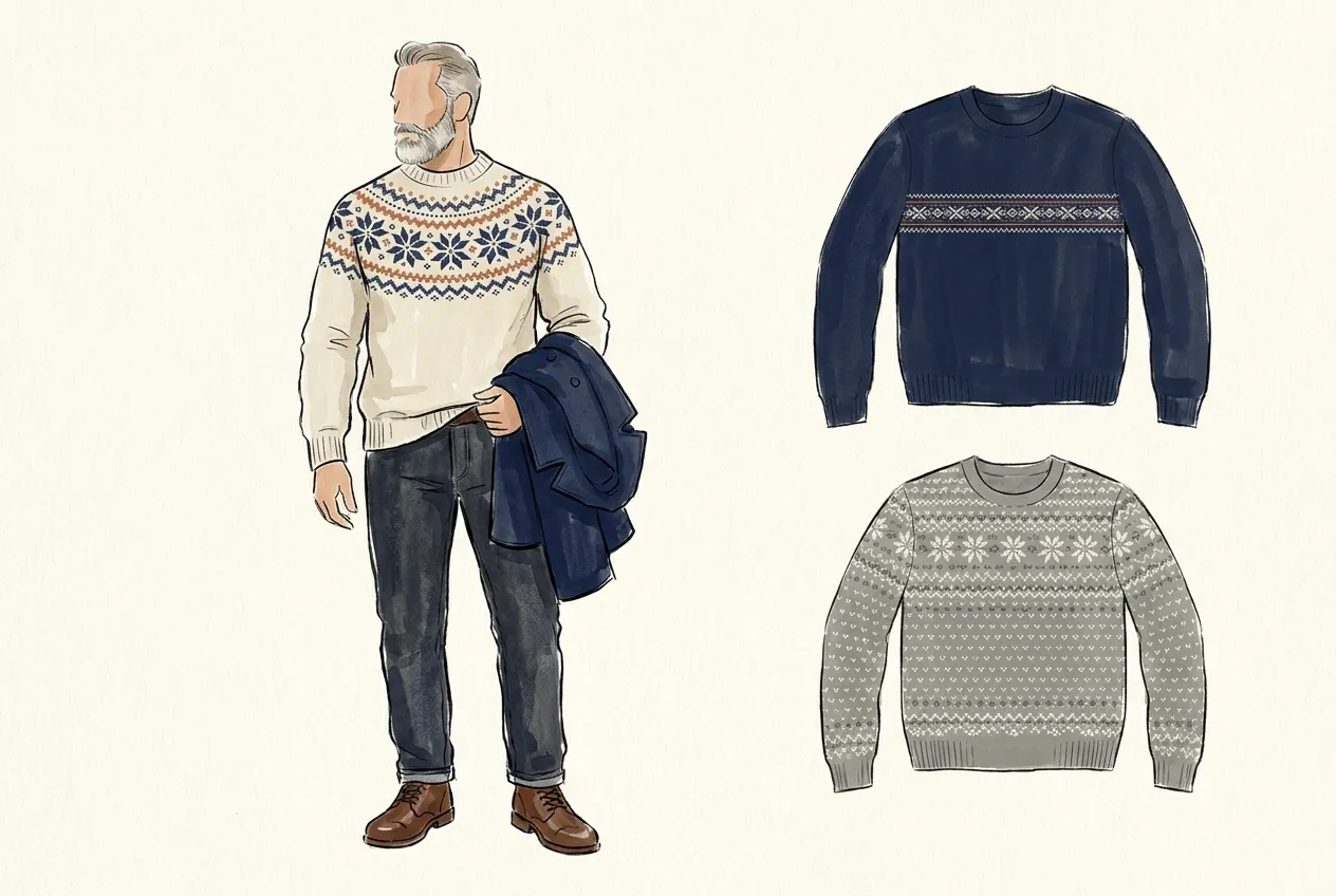 Illustration à l'encre et à la gouache : un homme barbu aux cheveux gris porte un pull écru à empiècement jacquard de flocons marine et terracotta, avec un jean brut, des boots et un caban marine sur le bras ; à côté, un pull marine à frise discrète et un pull gris à motifs sur tout le corps.