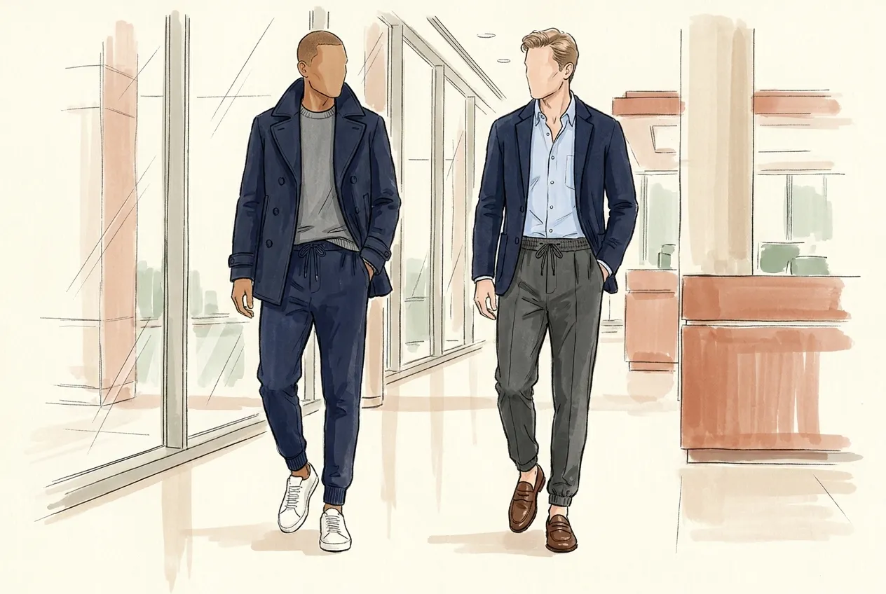 Illustration à l'encre et à la gouache : deux hommes marchent dans un hall de bureau en pantalon de jogging chic : jogging marine avec pull gris, caban et baskets blanches, et jogging gris anthracite à pli avec chemise oxford bleu ciel, blazer marine et mocassins.