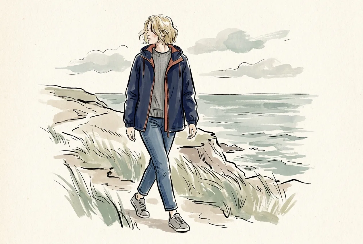 Illustration à l'encre et à la gouache : une femme blonde marche sur un sentier côtier venté, en coupe-vent zippé marine à capuche doublée terre cuite, pull gris en maille, jean slim et baskets grises.