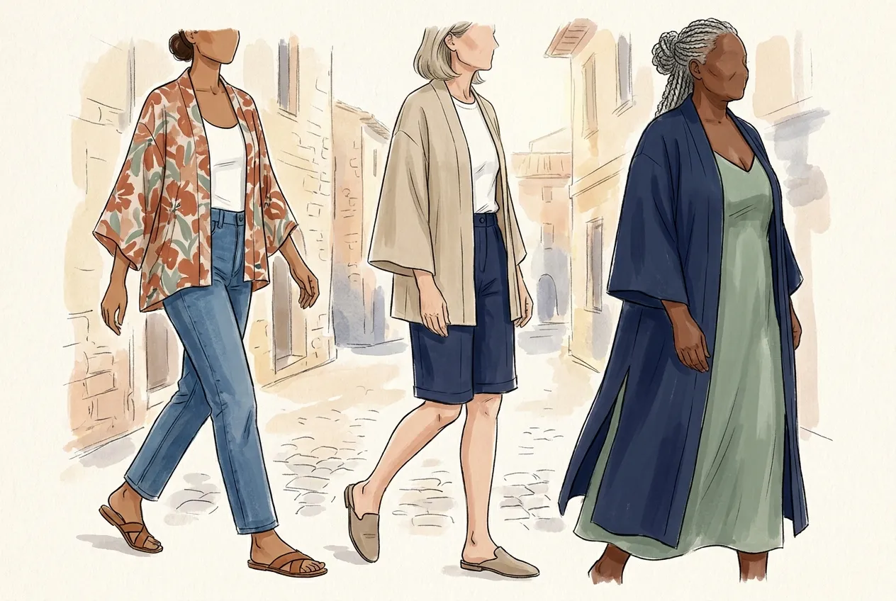 Illustration à l'encre et à la gouache : trois femmes dans une ruelle d'été portent un kimono, court et imprimé de fleurs terracotta sur un jean droit, en lin beige sur un bermuda marine, et long bleu nuit ouvert sur une robe fluide vert sauge.