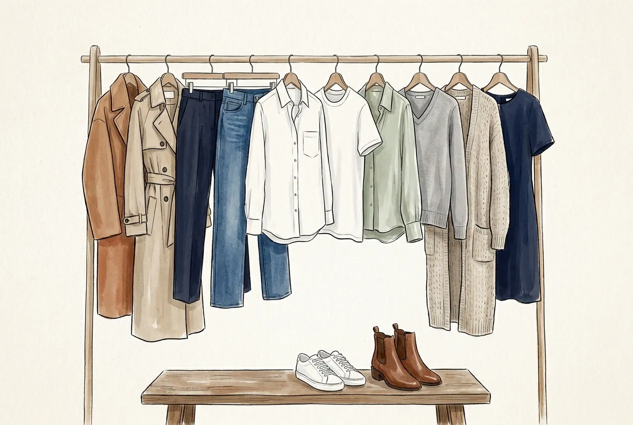 Illustration à l'encre et à la gouache : une garde-robe de base sur un portant en bois, manteau camel, trench beige, pantalon marine, jean droit, chemise et t-shirt blancs, blouse vert sauge, pull gris col V, long gilet écru et robe marine, avec baskets blanches et bottines en cuir sur un banc.