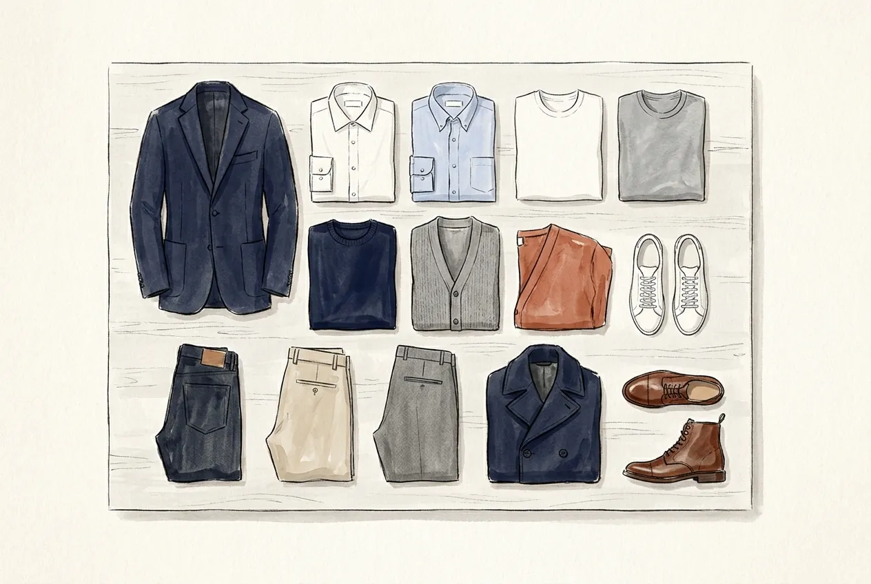 Illustration à l'encre et à la gouache : vue de dessus d'une garde-robe de base pliée sur une table : blazer marine, chemises blanche et bleu ciel, t-shirts blanc et gris, pulls et gilet, jean brut, chino beige, pantalon gris, caban marine, baskets blanches, derbies et boots en cuir.