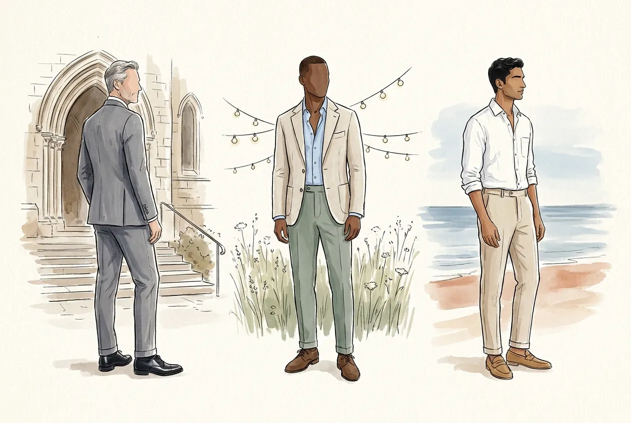 Illustration à l'encre et à la gouache : trois invités de mariage selon le style de la noce : costume gris et chaussures noires devant une église, veste en lin beige et pantalon vert sauge dans un pré décoré de guirlandes, chemise en lin blanche et pantalon sable au bord de la mer.