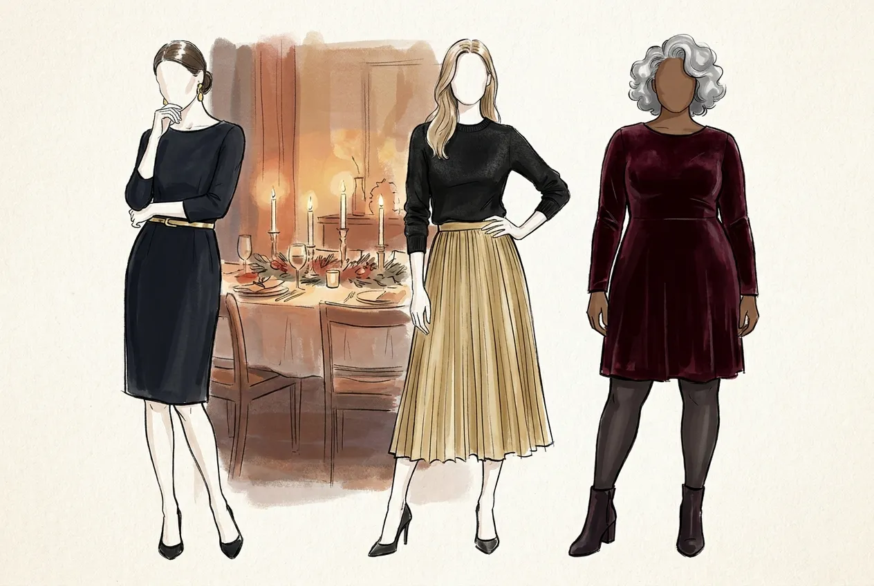 Illustration à l'encre et à la gouache : devant une table de réveillon éclairée aux bougies, une femme en robe noire avec ceinture dorée, une autre en jupe plissée dorée et pull noir, une troisième en robe de velours bordeaux avec collants opaques et bottines.